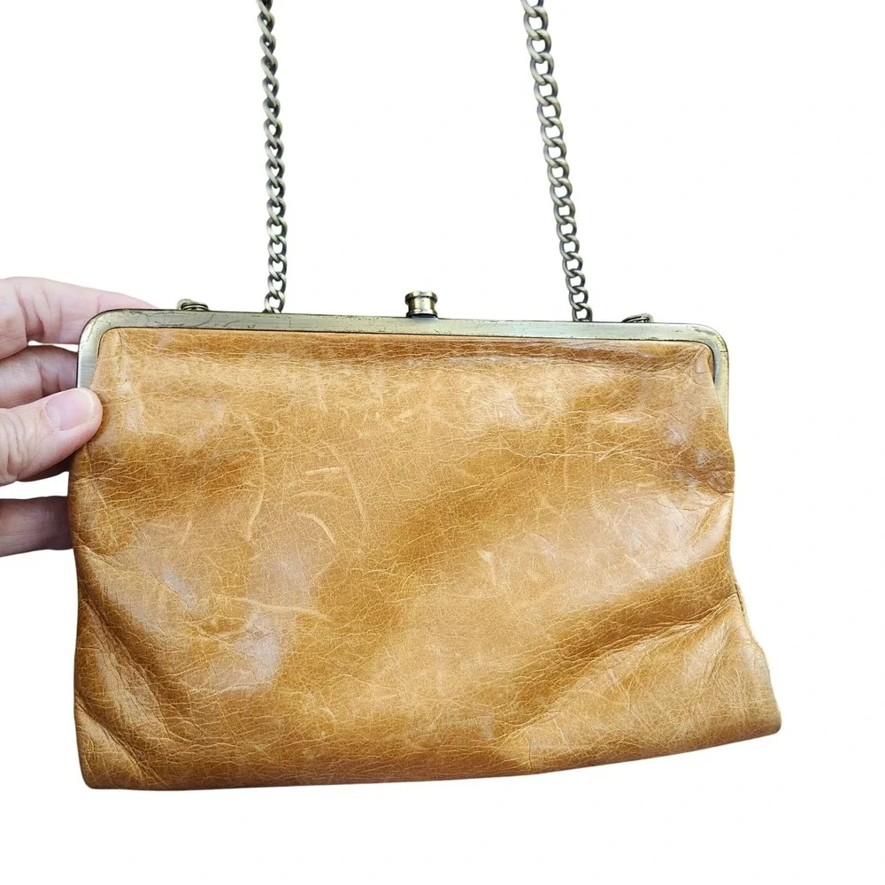 Hobo Lauren Double Frame Leather Wallet Clutch Crossbody Honey Tan Brass Chain